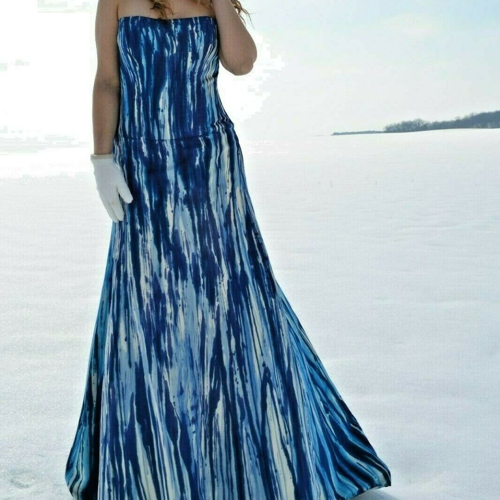 NEW silk Monique Lhuillier painted couture Wedding Dress white blue ivory tiedye